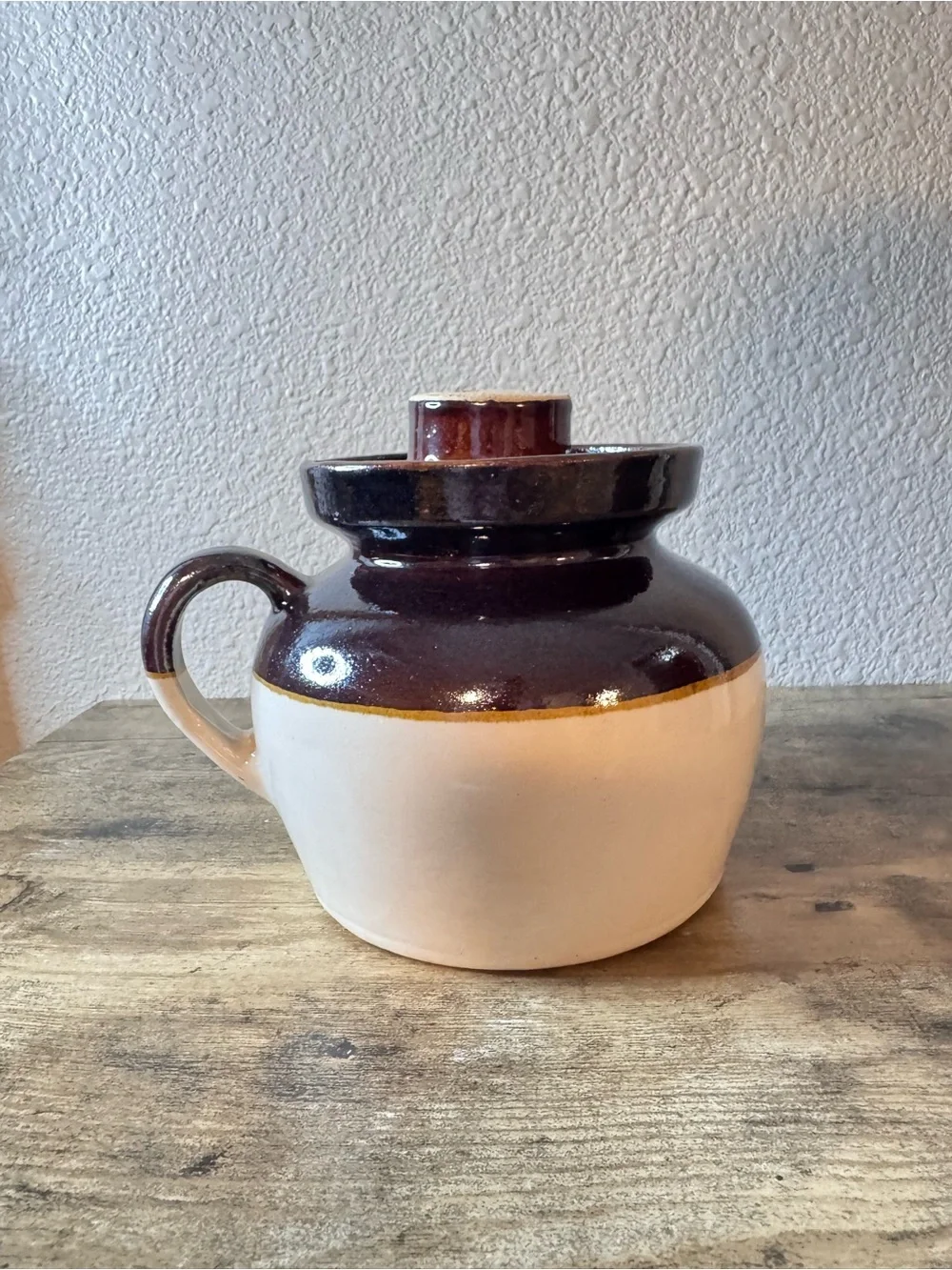 Brown & Cream Stoneware Crock Jar with Lid